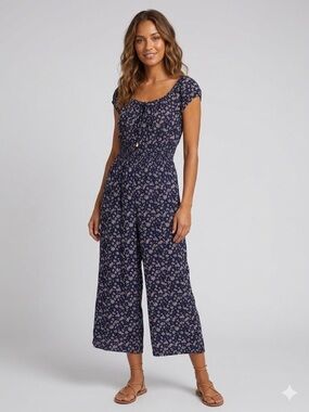 205 Collins Floral Smocked Waist Wide Leg Jumpsuit Navy Pink NWT